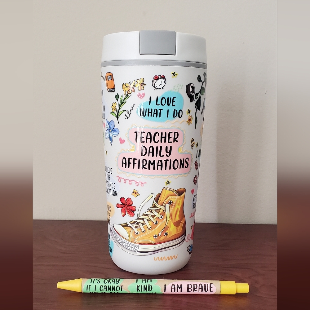 🪻3/$25 Teacher Daily Affirmations Sneakers Flowers 20oz pen included Travel Mug